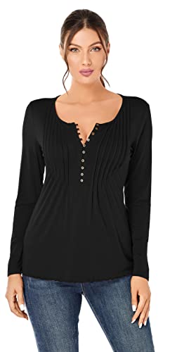 J.Corrine Blusas de Mujer Elegantes Camiseta de Manga Larga con Cuello en V Henley Botones Tops Mujer Fiesta Holgada Causal Túnica Negro XL Cover