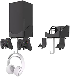 Hosanwell XBOX Series X Wall Mount Bracket Stand 4 in 1 Bundle Set, Dual Controller Holder & Headphone Hanger, Heat Dissipation, Comes with Non-Slip Mat, Cable Charging Notch, Easy Installation