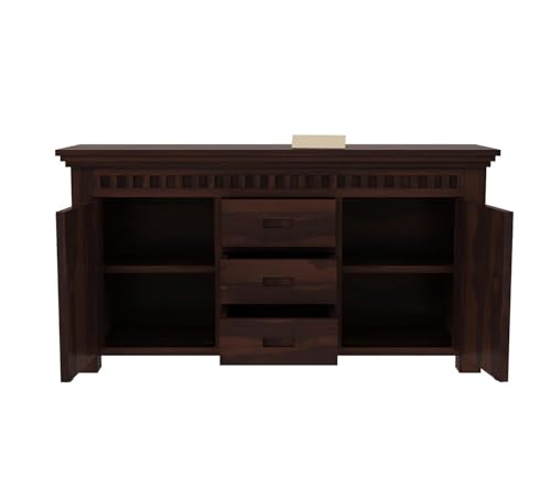 Image of Solid Sheesham Wood Walnut Finish Furniture Sideboard Crockery Cabinet for Living Dining Room Console with 3 Drawer & 2 Door Storage Buffet Home Office Accent Table Kitchen Display Unit