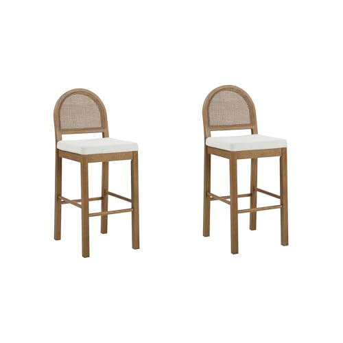 Image of Nathan James Bailey 29 in. Boucle Bar Stool with Back, Bar Height Chair with Natural Woven Rattan Back and Solid Wood Legs, Light Brown, Set of 2