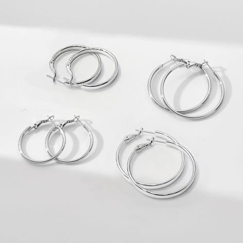 Image of 4 Pairs Silver Gold Hoop Earrings for Women | 14K Gold Plated Hoop Earrings Set Hypoallergenic Earring Lightweight Dangle Earrings Set