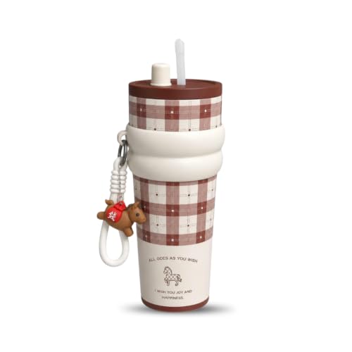 Image of DAZUFIO 710ML Insulated Tumbler with Straw & Lid | Stainless Steel Travel Mug with Handle | Leakproof BPA Free Sipper Bottle for Office Gym Travel | Hot Cold Coffee Cup - Horse Print