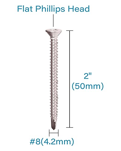Image of IMScrews #8 x 2 Inch Self Drilling Screws 410 Stainless Steel Flat Head Phillips Drive Full Thread Sheet Metal Tek Screws for Wood to Metal 100 Pack