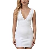 LOFAAC Women Sexy Plunge V Neck Backless Bodycon Mini Dress Tight Fitted Sleeveless Ruched Formal Party Short Dress 2025 White
