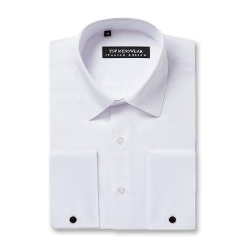 Chemise habillée à double manchette pour homme Crème Coupe ajustée avec boutons de manchette en métal Manches longues, blanc, XL