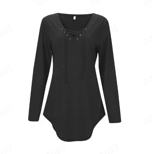 Camiseta de manga larga con cuello en V para mujer, con cordones, túnica básica, Negro , M