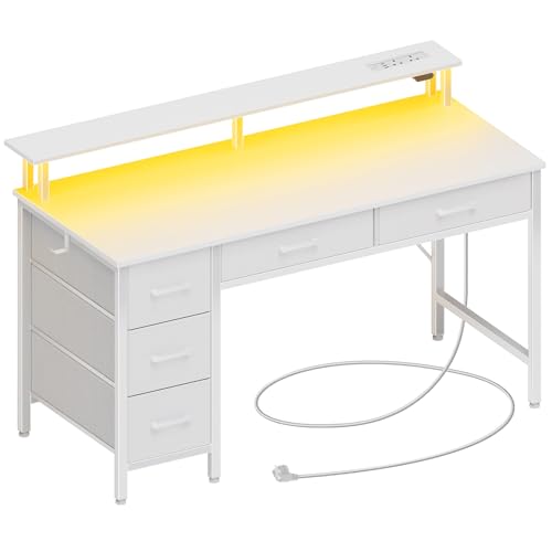 Seventable 120cm Computer Desk with LED Lights USB Ports & Power Outlets Monitor Stand and 5 Storage Drawers Home Office Desk Study Desk for Bedroom or Small Spaces White