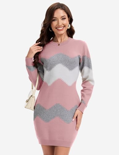 PEHMEA Women's Knitted Striped Bodycon Mini Sweater Dress Long Sleeve Crew Neck Fall Winter2
