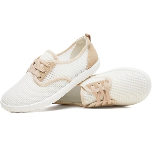 THATXUAOV Women's Breathable Mesh Tennis Shoes - Lightweight Low Top Lace-Up Canvas White Sneakers for Casual Walking, Sports, and Everyday Comfort(Beige, US Women's Size 11)