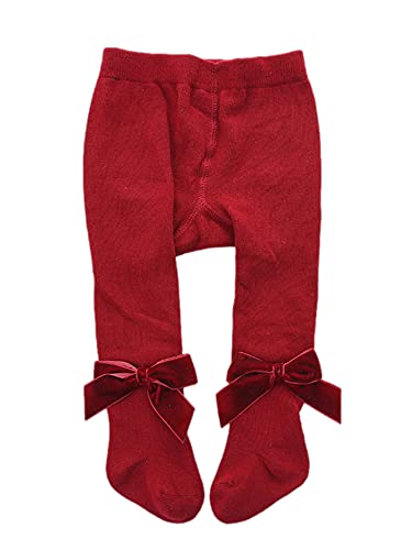 Carolilly - Carolilly Collants Bébé Fille Leggings en Tricot avec Nœud Chaussettes Couleur Unie Douce Extensible Collants Automne et Hiver pour Nouveau-née Fille 0-3Ans (Bordeaux, 0-1 Ans)