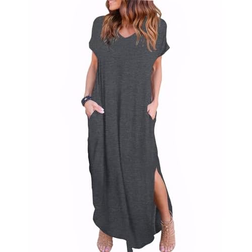 Zilcremo Women Summer Casual Maxi Dress Loose Pockets Short Sleeve Split Boho Dresses Apricot