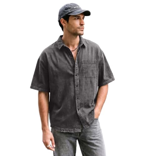 Image of Urbano Fashion Men's Oversized Fit Half Sleeve Washed Casual Denim Shirt