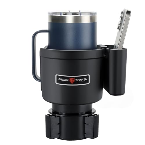 Seven Sparta Cup Holder Expander with Phone Holder & Cable Access 3-in-1 Car Organizer Side Storage Box for Phone/Cards Compatible with Yeti Owala Hydro Flasks & Large Bottles Mugs in 3.5-4.0