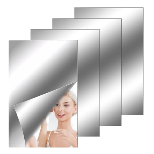 4 Pieces Mirror Tiles Self Adhesive Acrylic Mirror Sheet, Flexible Mirror Sheets Self Adhesive Mirror Tiles Non Glass Mirror Wall Sticky Mirror Tiles Mirror Stickers for Home Wall Decor, 4 x 6 Inches