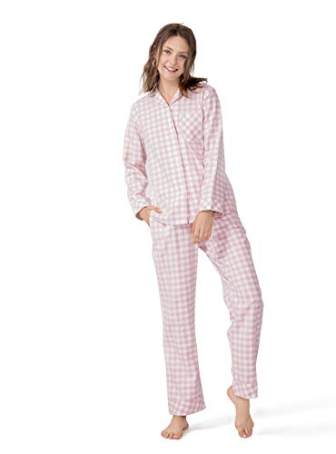 Femofit Womens Pajama Set 100% Cotton Woven Fabric Plaid Pajamas Long Sleeve Sleepwear Loungewear S~XL (Light Pink, L)
