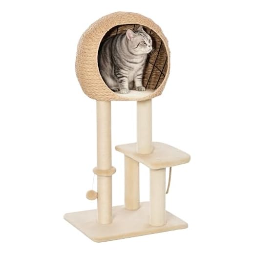 Pawhut Árbol Rascador para Gatos Torre de Escalada con Plataformas Caseta Bola y Cuerda de Juego Poste de Sisal 48x40x100 cm Beige