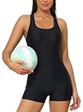 CharmLeaks Women's One Piece Swimsuits Boyleg Sports Swimwear Racerback Swimming Costume Faux Shark Skin M
