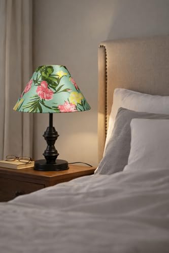 Image of tu casa Modern Table Lamp with Crimson Floral Satin Shade | Metal Iron Base Decorative lamp for Living Room| Designer Table Lamp for Gifting (Blush Botanica)