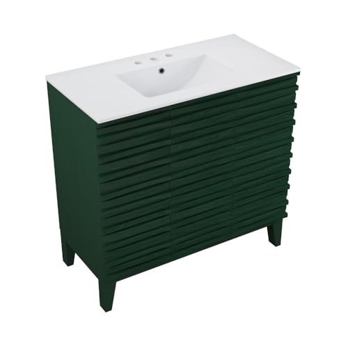 Image of Swiss Madison Cascade 36 inch Freestanding Bathroom Vanity in Green Oak with 3-Hole Widespread Sink Top