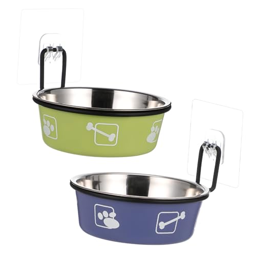 FUTUREORYY Comederos Elevados para Gatos Colgantes De Acero Inoxidable, 2 Piezas De 12 Cm, Soporte Azul y Verde Adhesivo, Ahorro De Espacio para Alimentación En Pared, Apto para Gatos y Mascotas