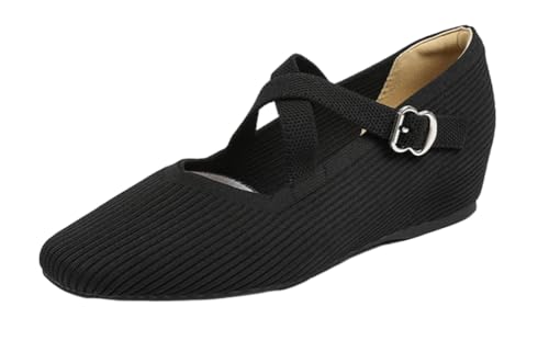 Knit Flats for Women with Hidden Wedge Heel Casual Square Toe Mary Jane Ballet Flats Shoes Comfortable Dress Shoe 2025