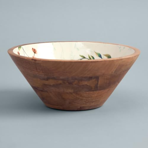 Image of SAAGA Printed Mango Wood Bowl - 10x4 Inch Handcrafted Round Serving Bowl with Food-Grade Finish for Noodles, Soups, Curries & Snacks - Celosia