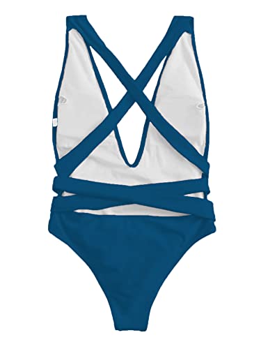 Image of Lilosy Sexy Tie Criss Cross Plunge One Piece Thong Swimsuit High Cut Brazilian Bathing Suit