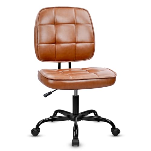 Image of CLATINA Home Office Chair No Arms with Wheels, Armless Small Leather Ergonomic Low Back Desk Chairs Adjustable Height 360 Swivel Rolling Computer Task Chair for Work Reading Conference Room, Brown