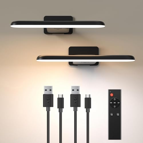 NARUNDREN 2 Pack Picture Lights for Wall, Rechargeable LED Picture Light Battery Operated with Remote, Dimmable Poster Light for Paintings, Portraits, Art Frames, Display Lighting for Wall Decor,Black