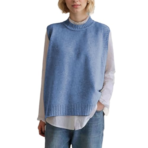 EMOTTOS Chaleco Jersey de Punto Mujer, Chaleco sin Mangas Suéteres Gruesos con Botones Laterales y Cuello Redondo, Jersey de Estilo Vintage Suave y Desenfadado, Azul, Talla única