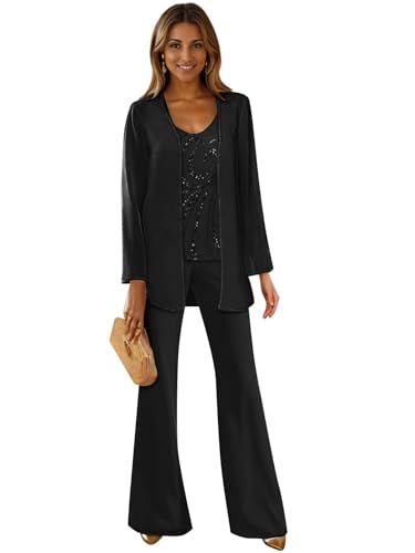 3 Pieces Mother of The Bride Pant Suits for Wedding Long Sleeve Chiffon Pantsuit Formal Wedding Guest Outfit