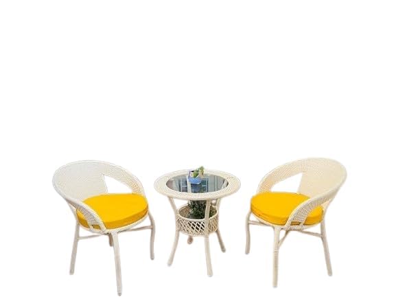 Image of 2 Chair 1 Table with Cushion for Outdoor, Indoor, Patio, Rattan Chair, Conversation Set, Living Room, Dining Room, Garden, Chair Set with Table (D-12 Off White & Yellow 2+1)
