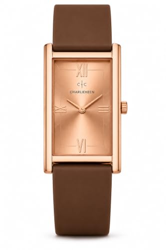 Image of CHARLIEKEEN Rectangular Wristwatch, Black Dial with Rose Gold Roman Numerals, Silicone Strap, Elegant Style