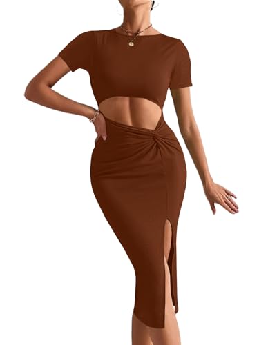 Image of Rooscier Women's Twist Cutout Waist Split Crewneck Short Sleeve Bodycon Midi Dress