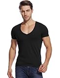 Deep V Neck Undershirt Men Low Cut Vneck T Shirts for Man Slim Fit Tshirt Short Sleeve Tee Black
