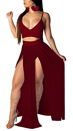 Sexy Dresses for Women 2 Piece Outfits Chiffon Strap Deep V Neck Bra Crop Top High Split Maxi Dress Skirt Set Beachwear Wine Red L