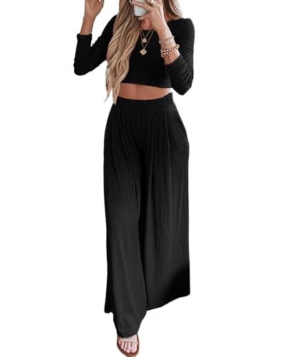 Image of BTFBM Women's Two Piece Lounge Set Long Sleeve Bodycon Ribbed Knit Crop Top Loose Wide Leg Pant Casual Outfits Sweatsuit