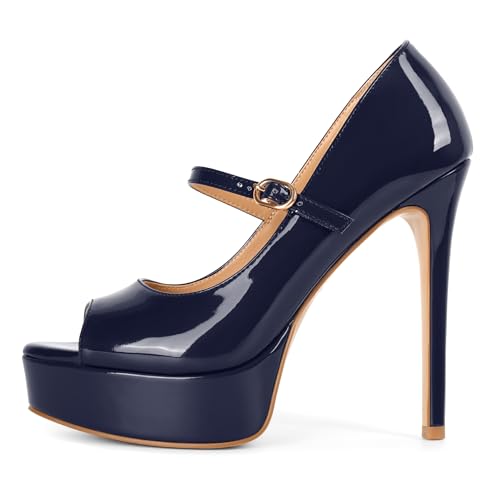 Image of SAMMITOP Women's Peep Toe High Heels Platform Stiletto Pumps Patent Mary Jane Heels 5.5 inch Party Wedding Dress Shoes