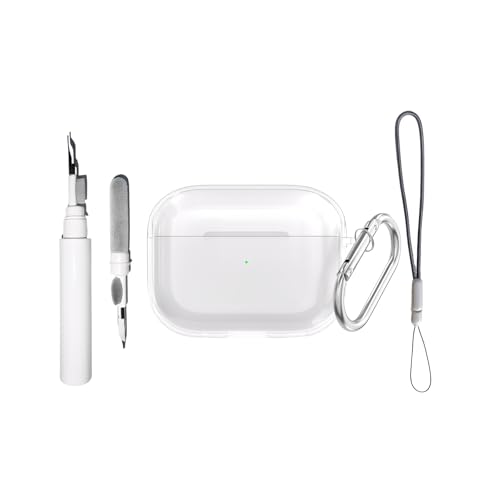 [4 in 1] SKPY Case Compatible with AirPods Pro 3 with Keychain & Lanyard Soft Clear TPU Shockproof Wireless Charging Transparent Shockproof Cover with Cleaning Pen Kit