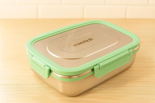 Image of Stainless Steel Lunch Box 1100ml | 4-Side Clip Lock | 100% Leakproof & Airtight Tiffin Box | Steel Lunch Box for Office & Kids | Green