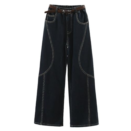 Girls Baggy Jeans Elastic High Waist Trousers Solid Streetwear Irregular Sutures Denim Pants with Pocket