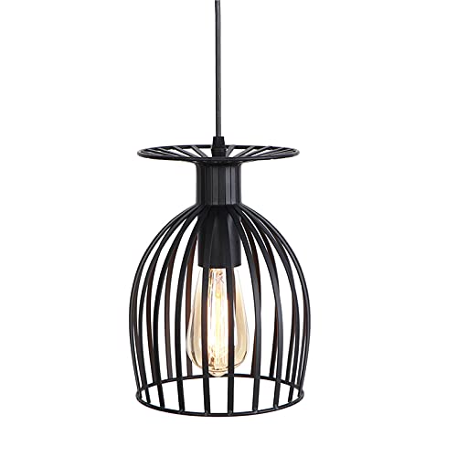 Lámpara colgante industrial negra con cable ajustable y pantalla de jaula metálica retro 1