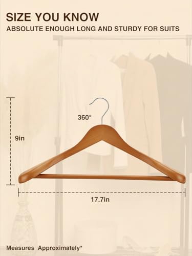 Image of Ginoya Brothers Wide Shoulder Wooden Hangers, Suit Hangers with Non Slip Pants Bar, Smooth Finish 360 Swivel Hook Solid Wood Coat Hangers for Dress, Jacket, Heavy Clothes Hanger. (2)