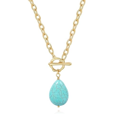 POTESSA Turquoise Pendant Necklace 18K Gold Plated Link Thick Chain Trendy Toggle Clasp Necklace for Women Cover
