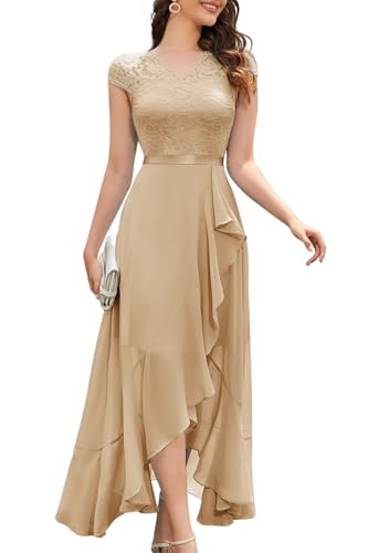 Bbonlinedress Ballkleid lang Damen Abendkleid Elegant Kleider Spitzenkleid Chiffon Hochzeit Brautkleid Winter Partykleid Champagne S