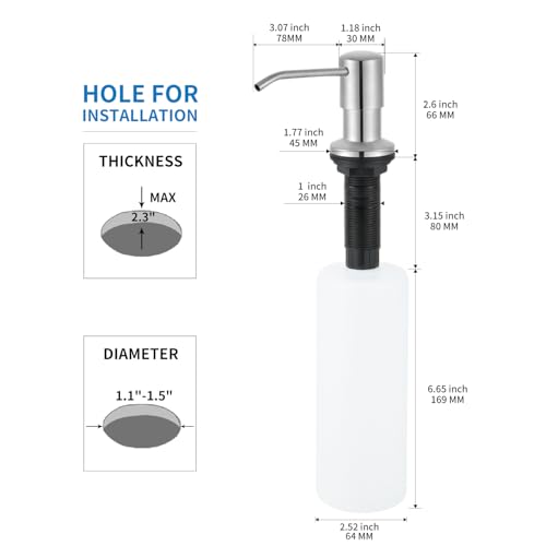 Built in Soap Dispenser for Kitchen Sink, Brushed Nickel Stainless Steel Countertop Pump Head (Plastic Built-in), Dish Soap Hand Lotion Dispenser with Refillable 17OZ Bottle by DOILIESE - Image 2