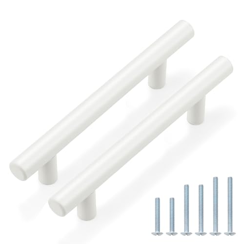 Image of Probrico 10 Pack| 3-3 /4 inch Hole Centers White Modern Kitchen Cabinet Pulls Drawer Handles Euro Round T Bar Pulls Stainless Steel Dresser Pulls Furniture Hardware-6 inch Overall Length