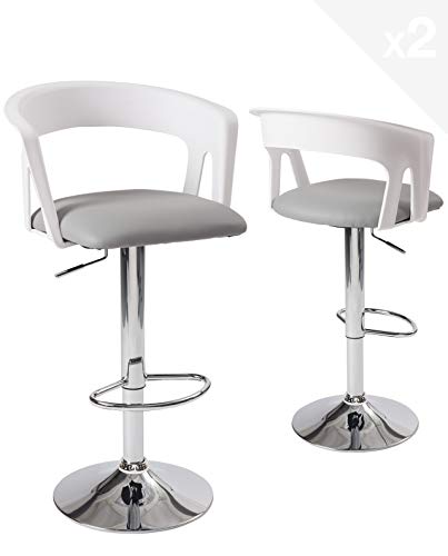 KAYELLES Tabourets Bar Cuisine, Lot de 2, Hauteur réglable, Assise rembourrée, Accoudoirs, Dossier - AYO (Blanc-Gris, PU)