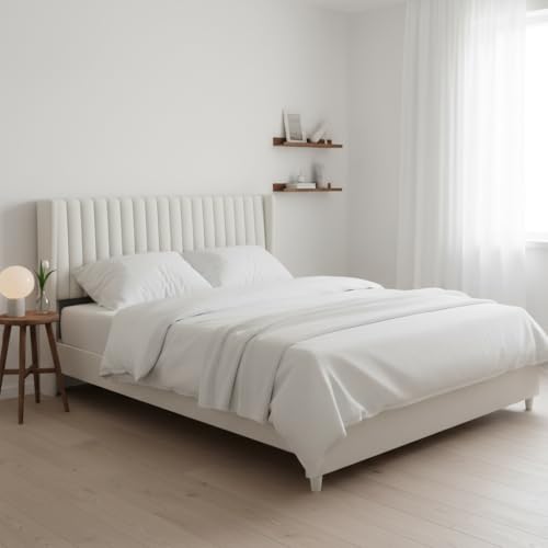 Image of APRODZ Queen Size Bed | Upholstered Platform Bed Frame with Velvet Tufted Headboard & Wooden Slat Support | Bed Queen Size Without Storage | No Box Spring Required | Black Wooden Legs Beige Fabric