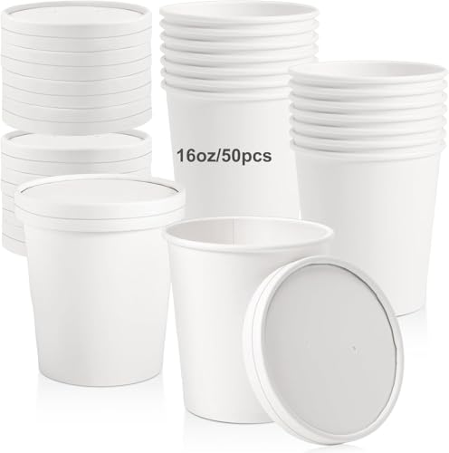 WEIWUXIAN 50 Pièces 460ml/16OZ Tasses à Soupe Jetables avec Couvercle, Tasses à Soupe Carton, Gobelets à Soupe à Emporter, Gobelets en Papier à Glace, pour Micro-Ondes&Aliments Surgelés, Blanc